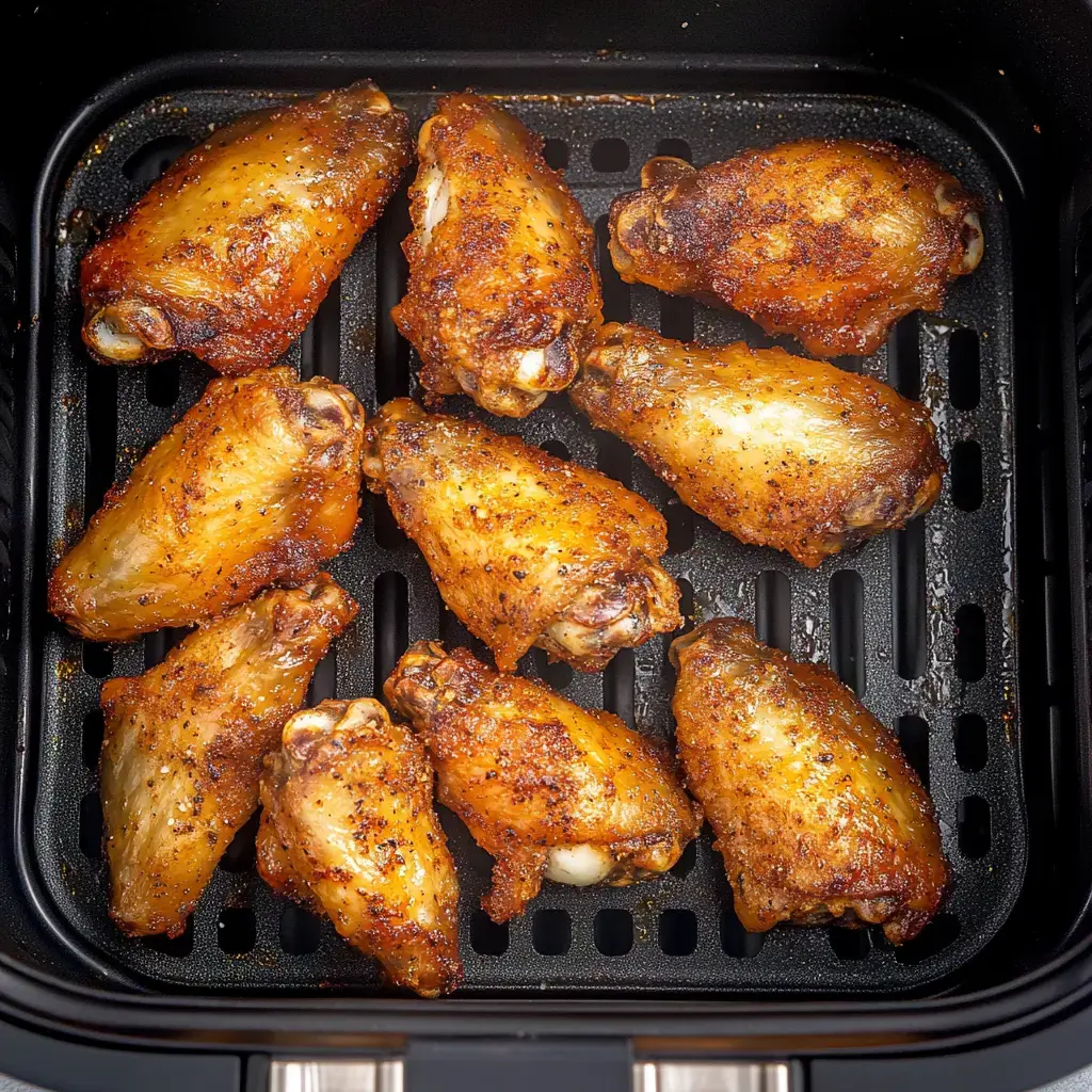 Nahaufnahme von goldbraunen Hähnchenflügeln in einem schwarzen Heißluftfritteusenkorb.