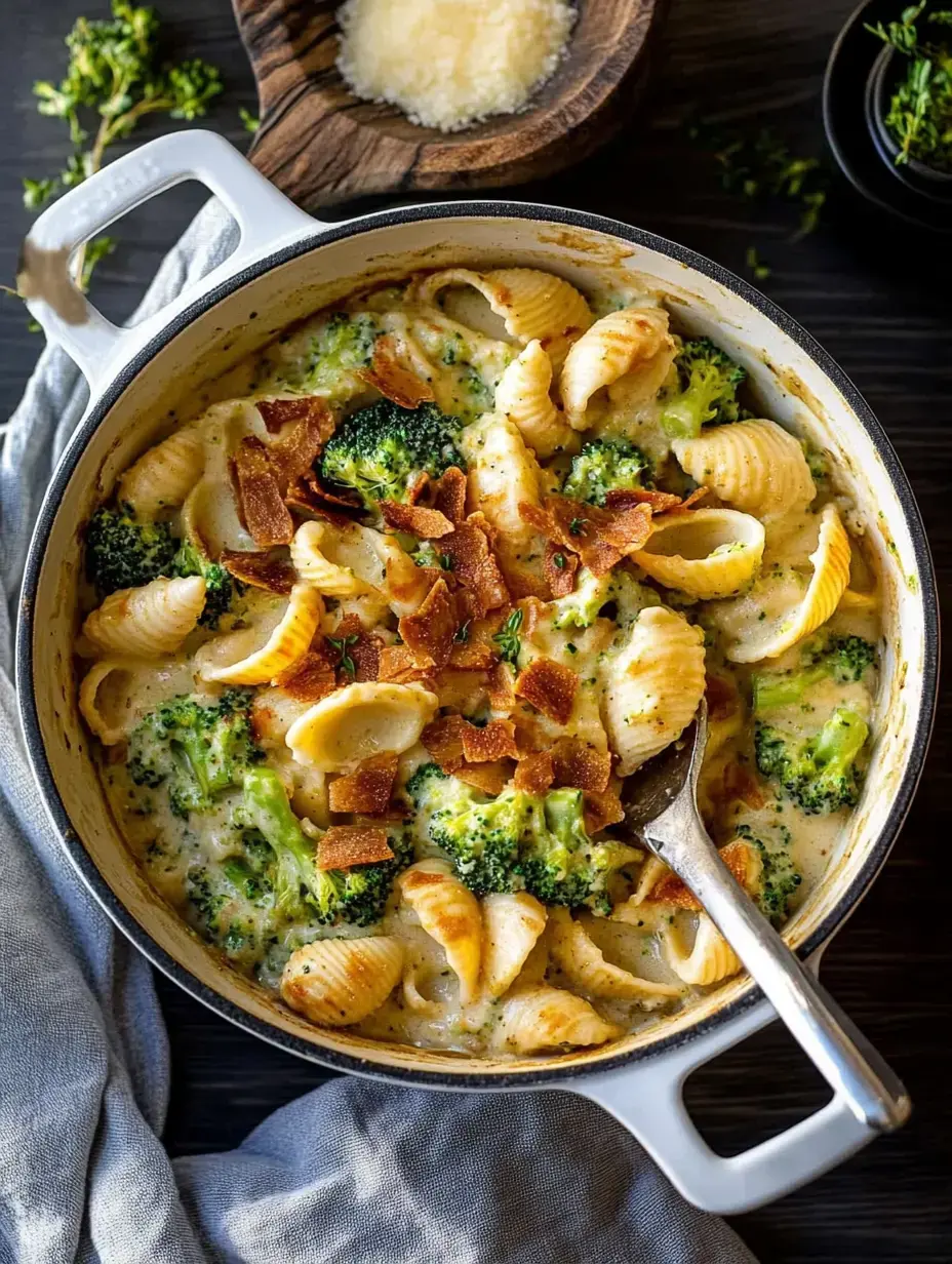 Sämige Pasta mit Muschelnudeln, Brokkoli und röschen Toppings im Topf, geriebener Käse daneben.