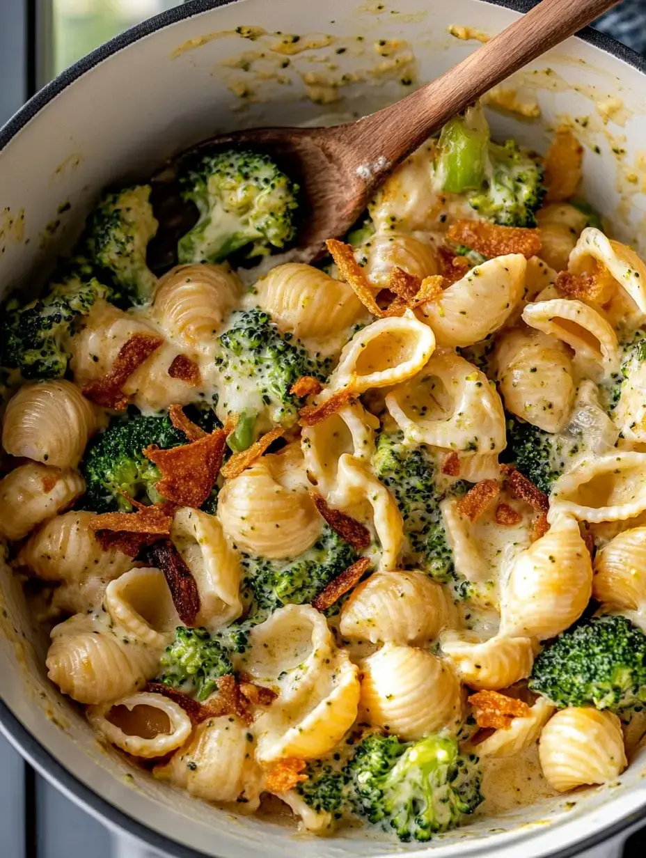 Cremige Pasta mit Brokkoli und knusprigen Toppings, gerührt mit Holzlöffel im Topf.