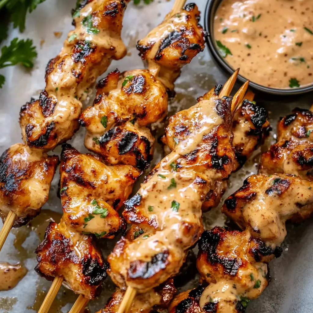Gegrillte Hähnchenspieße mit cremiger Sauce und Petersilie, daneben ein Schälchen voller Sauce.