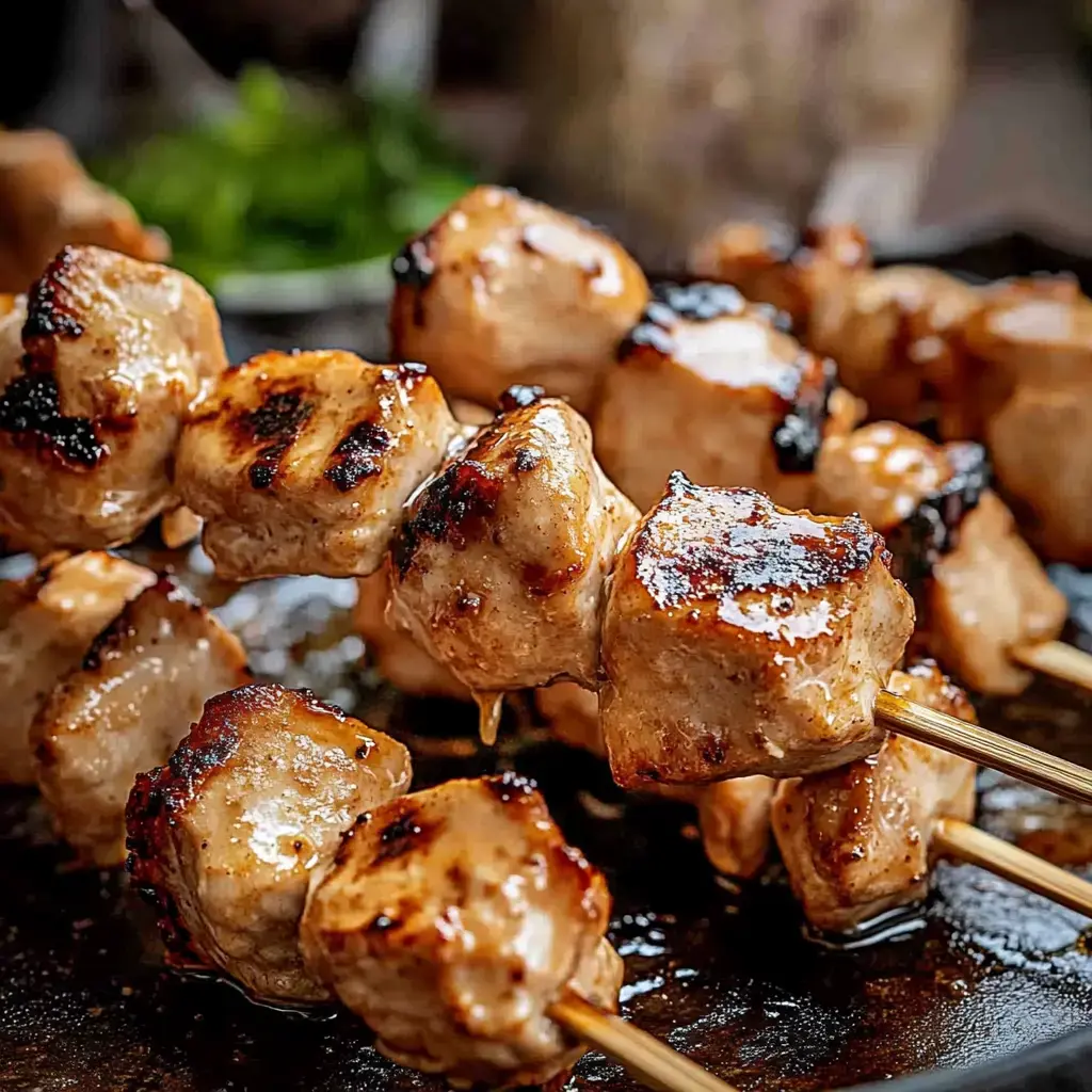 Gegrillte, saftige Fleischspieße glänzen und haben tolle Röstaromen.