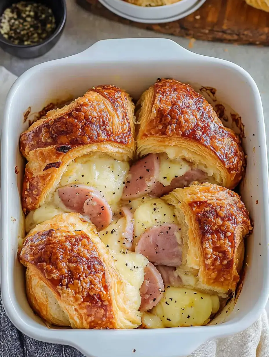 Goldene Croissants aus dem Ofen, gefüllt mit cremigen Kartoffeln und Schinkenscheiben, darauf Pfeffer.
