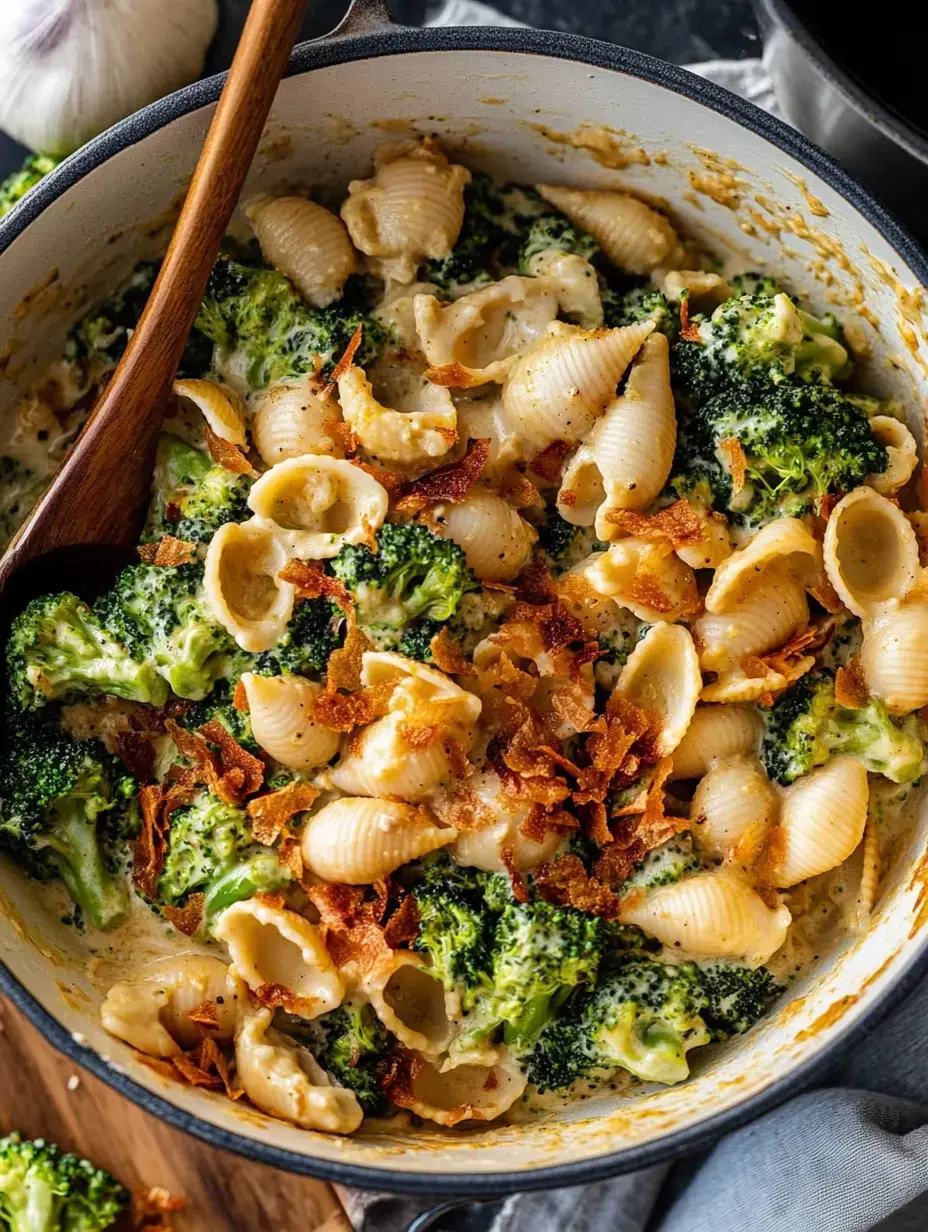 Cremige Nudeln mit Brokkoli und knusprigen Toppings im Topf, Muschel-Pasta gut zu sehen.