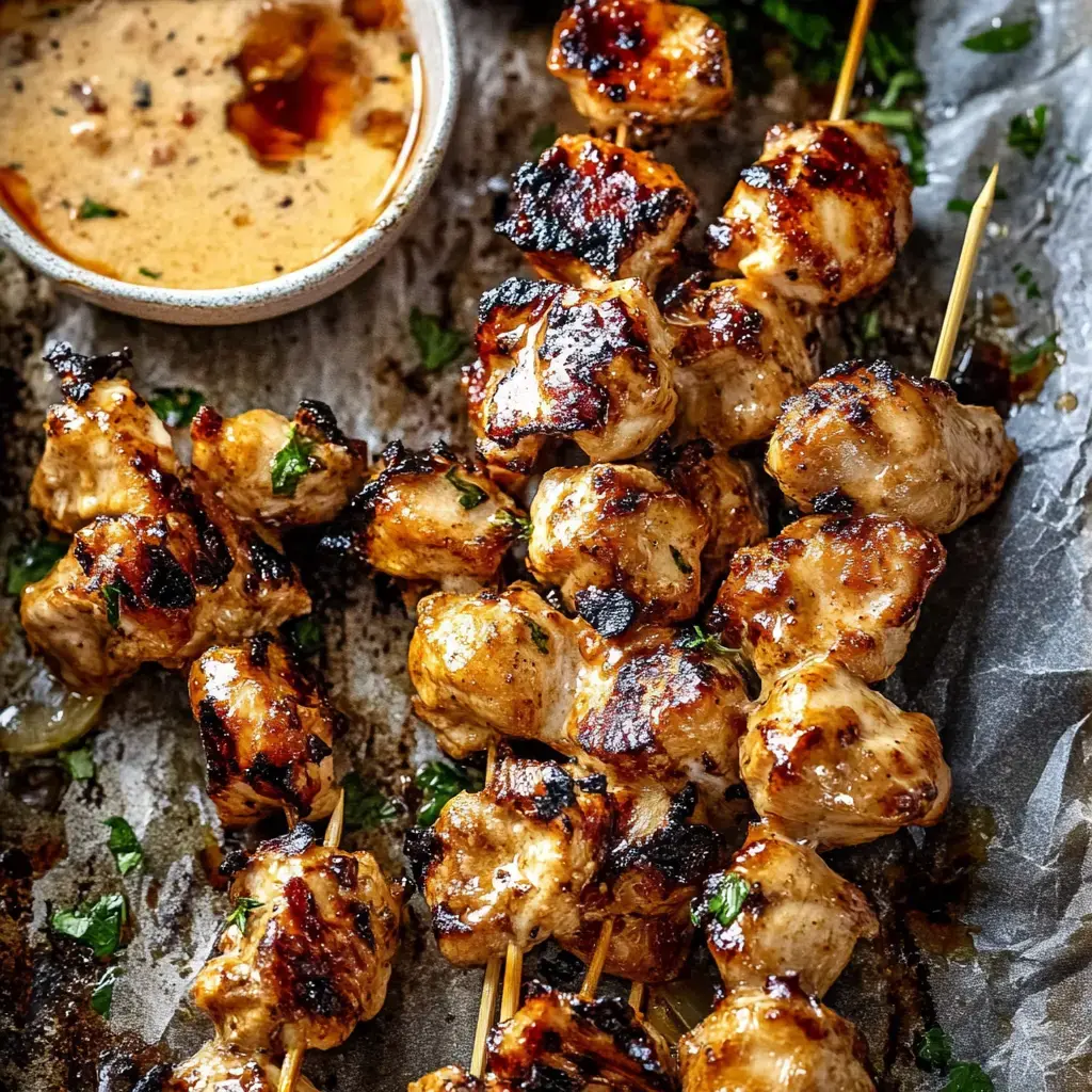 Gegrillte Hähnchenspieße liegen auf einer Platte mit Sauce und Koriander.