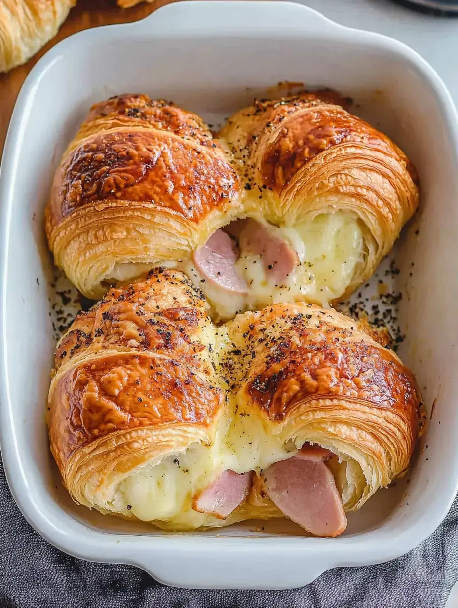 Knusprige Croissants mit Schinken und Käse, im weißen Auflauf angerichtet.