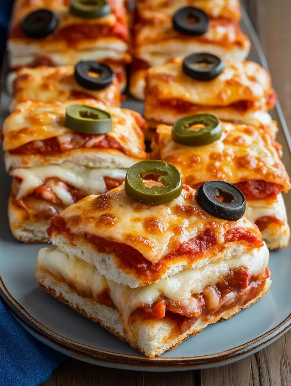 Ein Teller mit übereinander geschichteten, käsigen Sandwiches, garniert mit Oliven und Jalapeños.