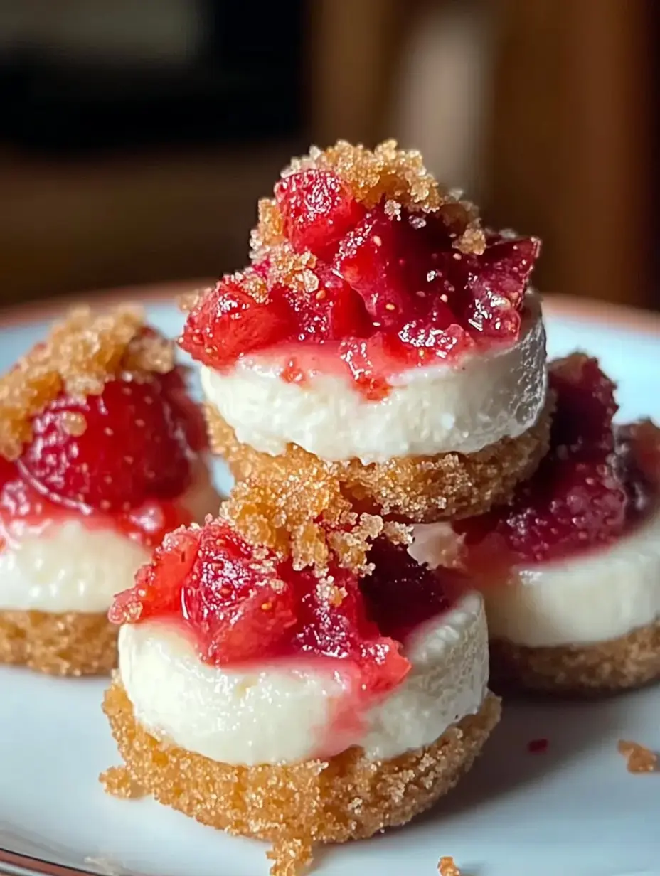 Eine Nahaufnahme von Mini-Käsekuchen mit frischen Erdbeeren und gebröselten Butterkeksen auf einem Teller.