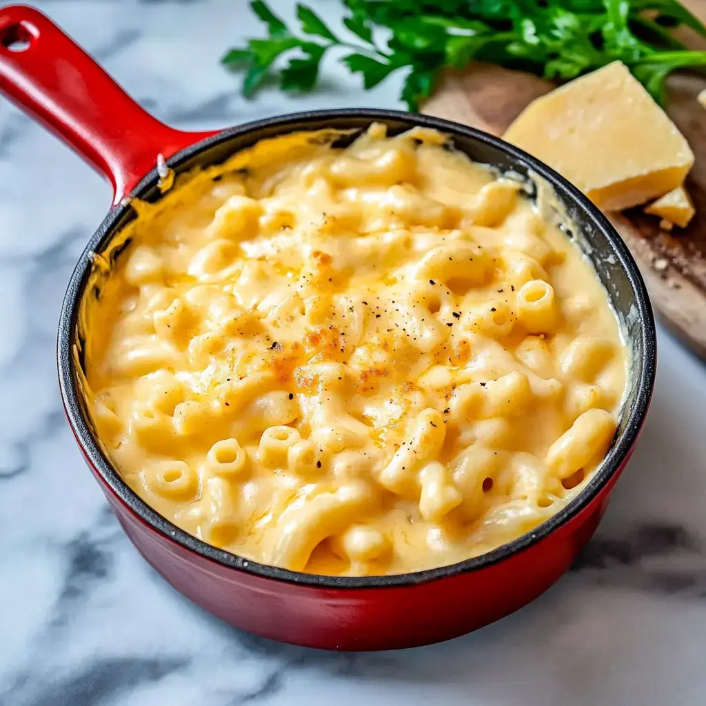 Ein roter Topf voller cremiger Makkaroni und Käse steht neben einem Stück Käse und frischer Petersilie auf einer Marmorplatte.