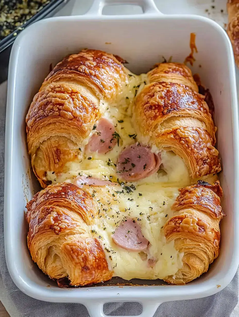 Ofengericht mit Croissants, gefüllt mit Schinken, Käse und frischen Kräutern.