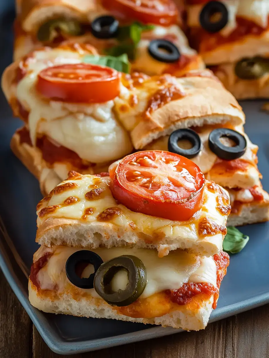 Nahaufnahme: Ein Teller mit gebackenen Sandwichhälften, belegt mit Tomate, schwarzen Oliven und grünen Jalapeños.