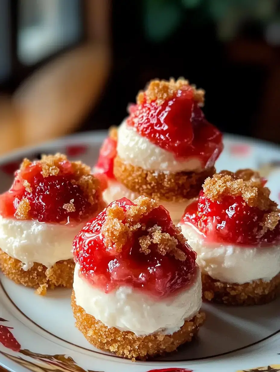 Ein Teller mit Mini-Käsekuchen, getoppt mit Erdbeermarmelade und braunen Zuckerstreuseln.