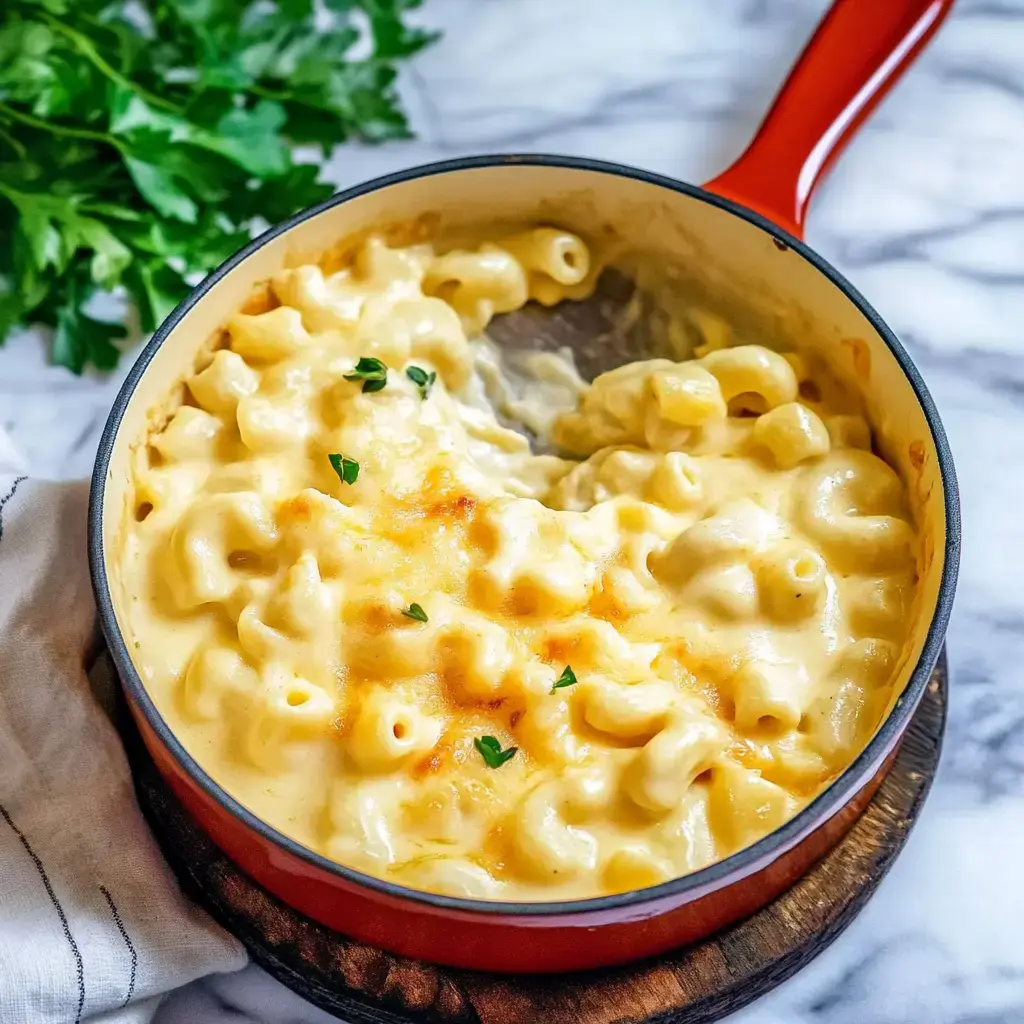 Cremiges Mac and Cheese im roten Topf, mit Kräutern bestreut, ein Stück schon rausgenommen.