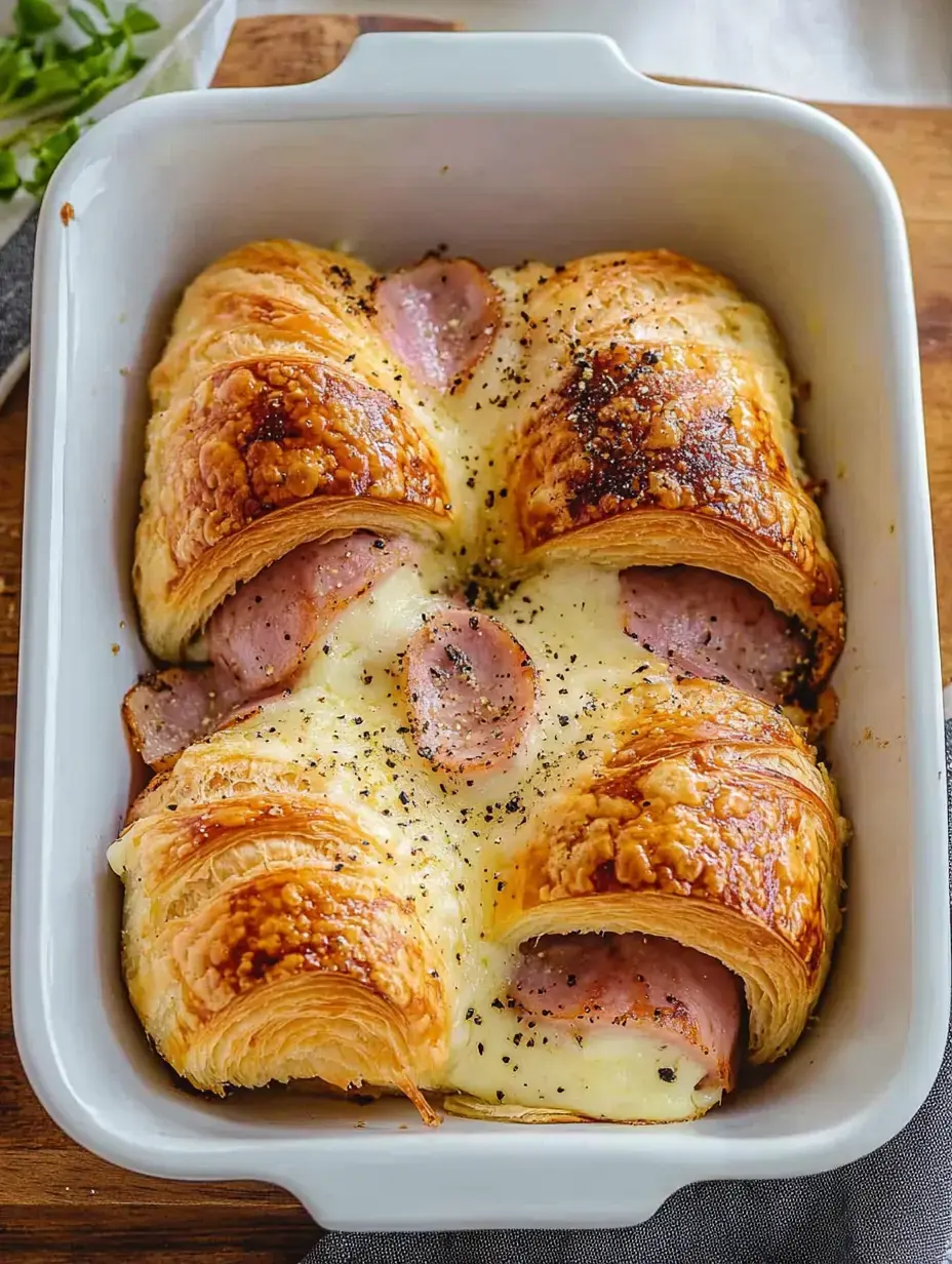 Croissants mit Schinken und Käse im Ofengericht, goldbraun und mit Pfeffer garniert.