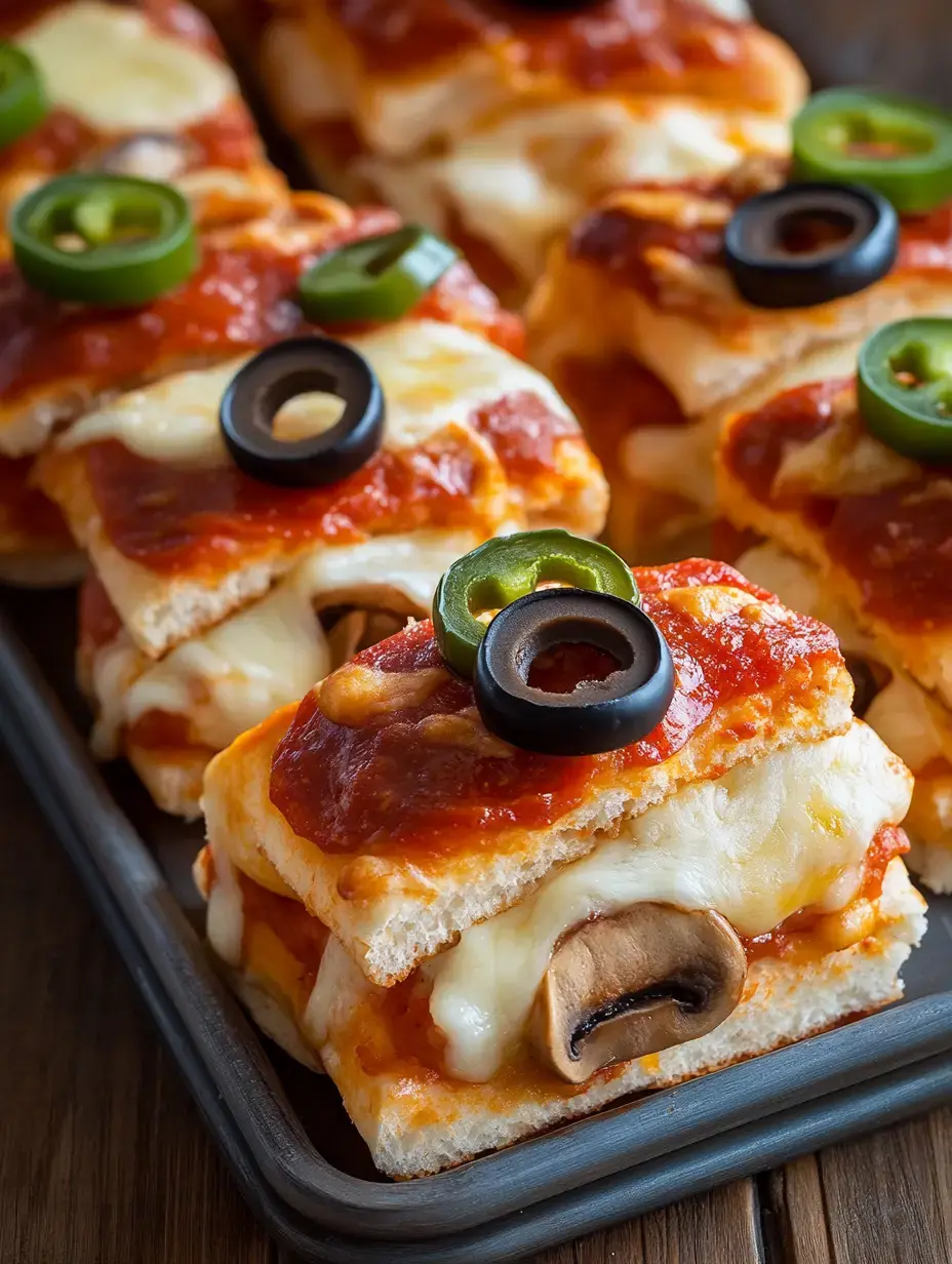 Große Nahaufnahme von Pizzastückchen mit Tomatensoße, Käse, Pilzen und grünem Jalapeño sowie schwarzen Oliven.