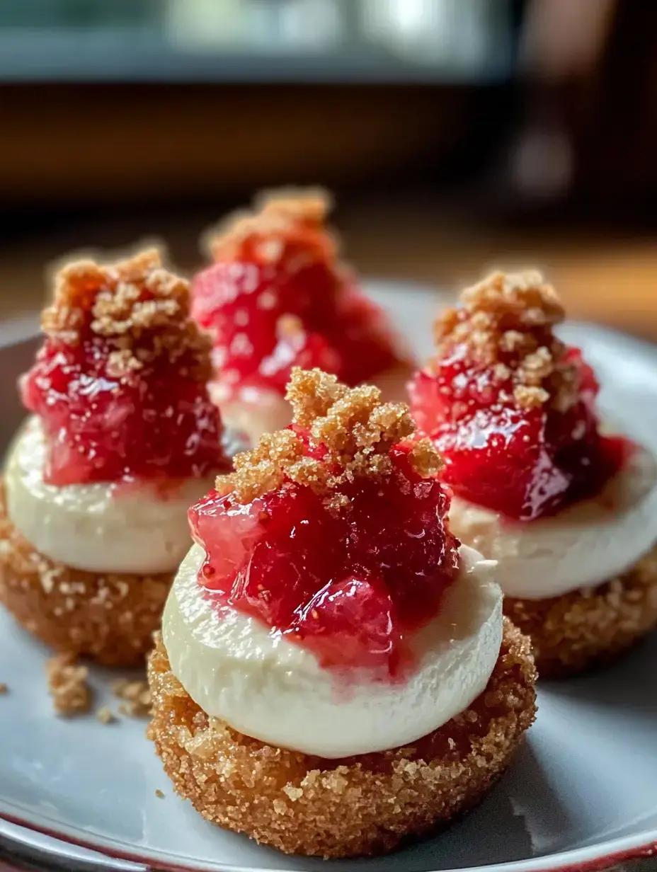 Ein Teller mit Desserts aus Butterkeksboden, cremiger Füllung und leuchtend rotem Fruchtspiegel sowie knusprigem Topping.