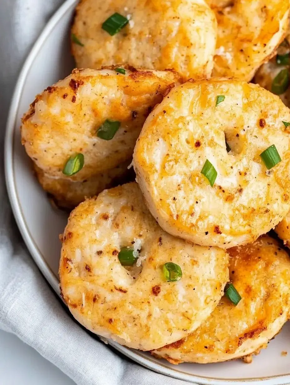 Knusprige, goldbraune Teigbällchen mit Frühlingszwiebeln auf einem weißen Teller.