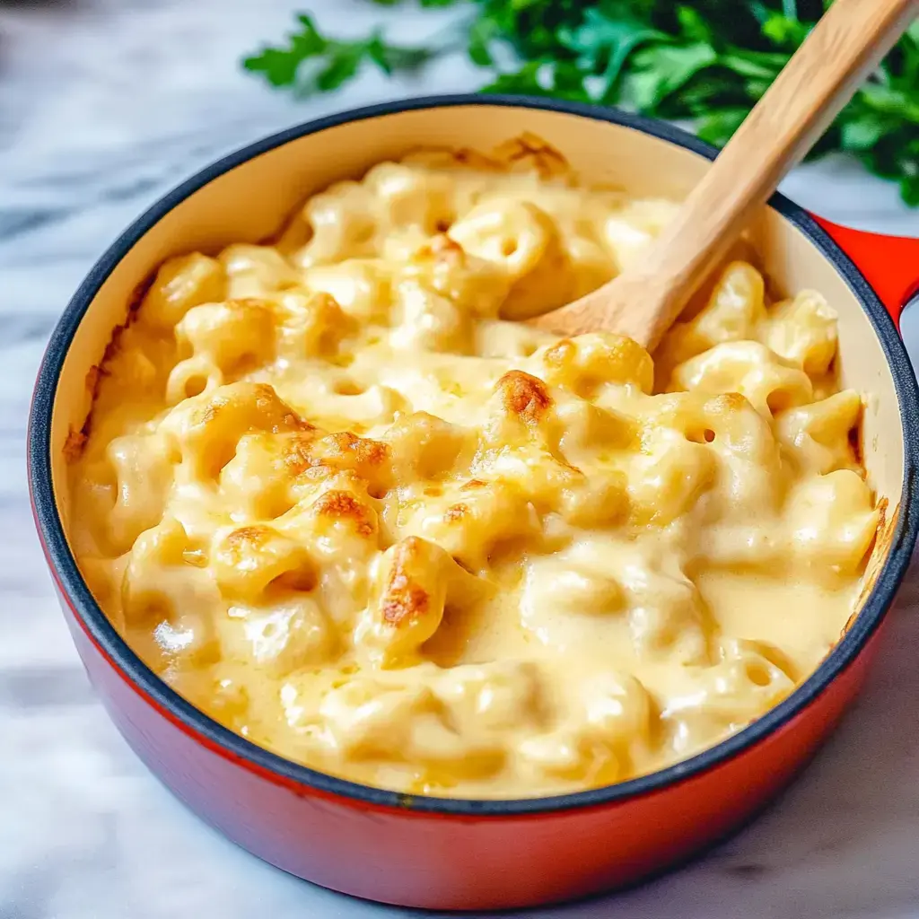Ein cremiges, überbackenes Mac and Cheese im roten Topf mit Holzlöffel.