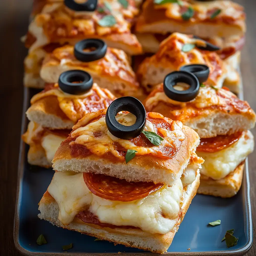Ein großer Teller mit Pizzabrötchen, überbacken mit geschmolzenem Käse, Salami und schwarzen Oliven.