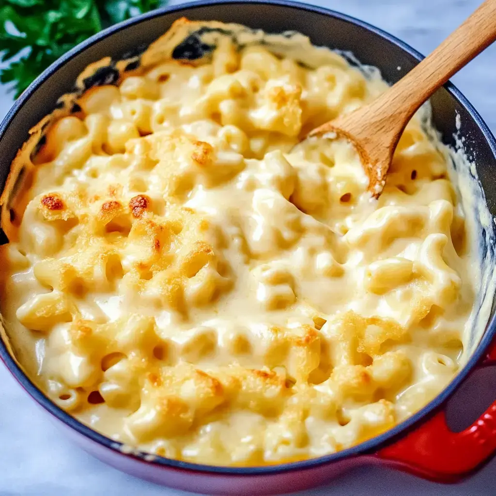 Cremiges, überbackenes Mac and Cheese im roten Topf und Holzlöffel.