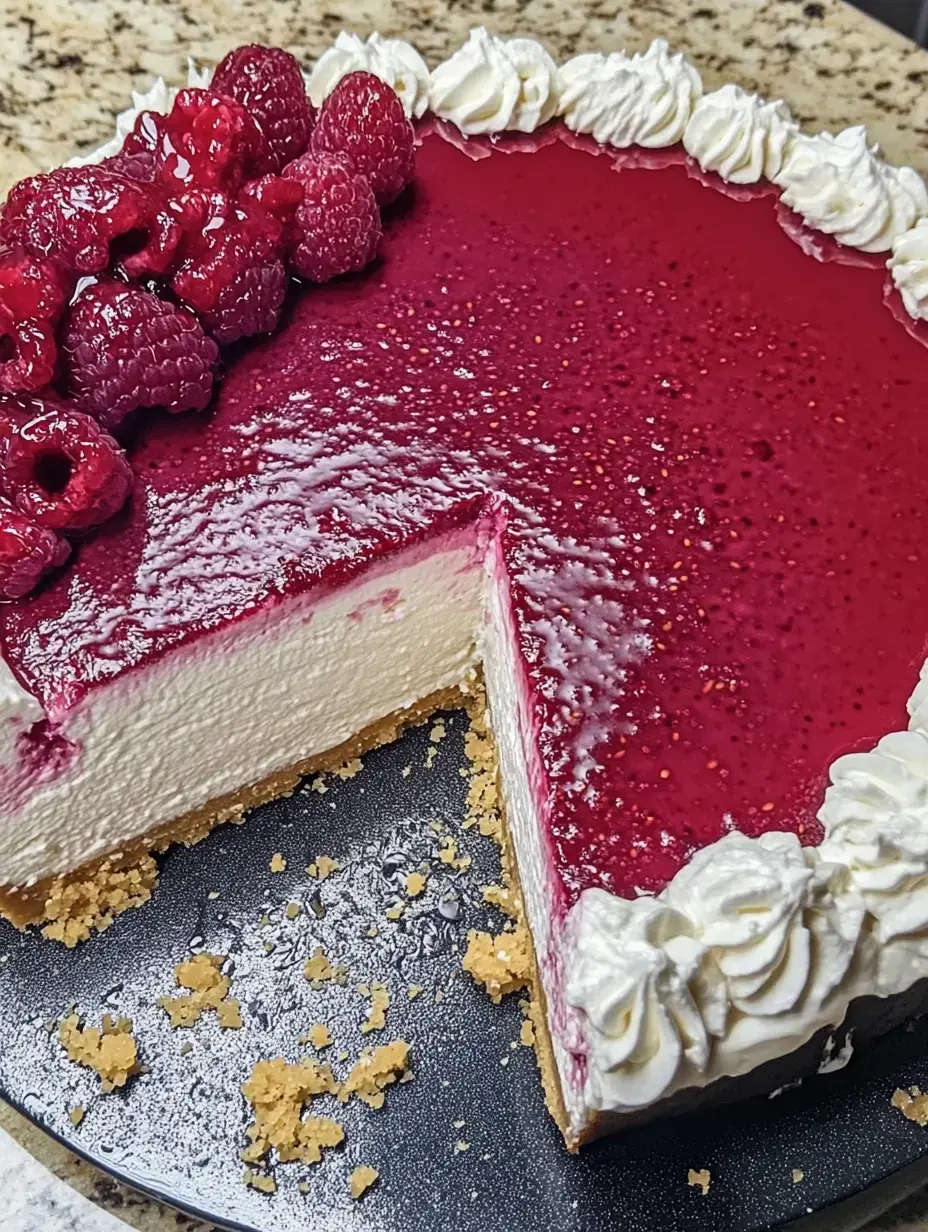 Ein Himbeer-Käsekuchen mit glänzender Beerenschicht und Sahnetupfen, angeschnitten auf einem dunklen Teller.
