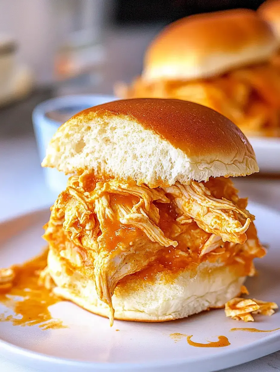Ein Sandwich mit gezupftem Hähnchen, orangener Soße und weichem Brötchen auf einem Teller – ganz nah fotografiert.