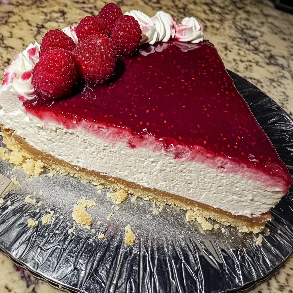 Ein Stück Käsetorte mit Himbeersoße und frischen Himbeeren, serviert auf einer silbernen Tortenplatte.