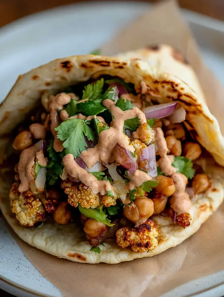 Nahaufnahme eines herrlichen Tacos, gefüllt mit geröstetem Blumenkohl, Kichererbsen, frischem Koriander, roten Zwiebeln und cremiger Soße, eingerollt in einem warmen Fladenbrot.