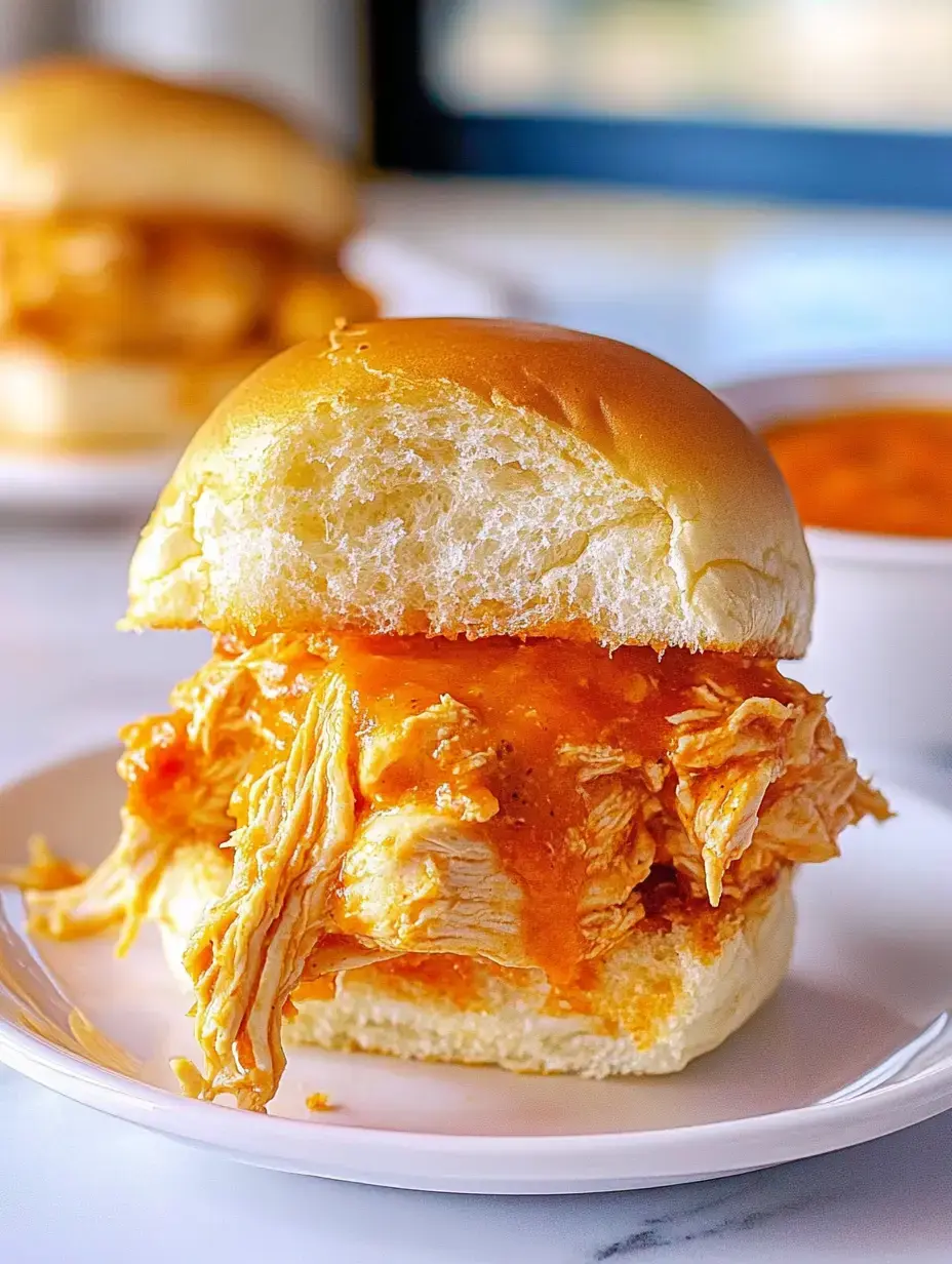 Ein Sandwich mit gezupftem Hähnchen und leuchtender Soße im soften, goldenen Brötchen, im Hintergrund ein weiteres Sandwich.
