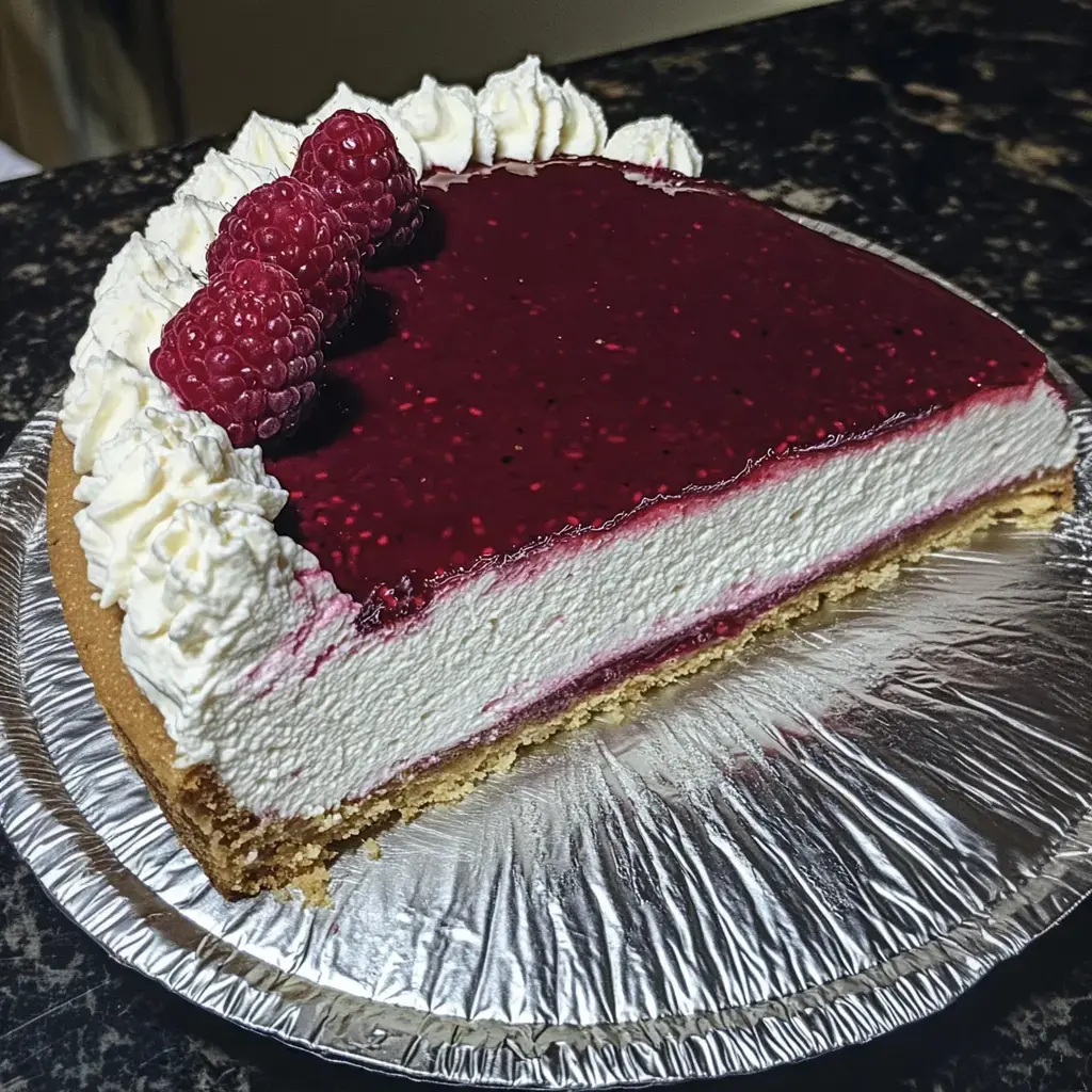 Ein angeschnittener Käsekuchen mit Himbeerglasur und frischen Beeren auf Silberfolie angerichtet.
