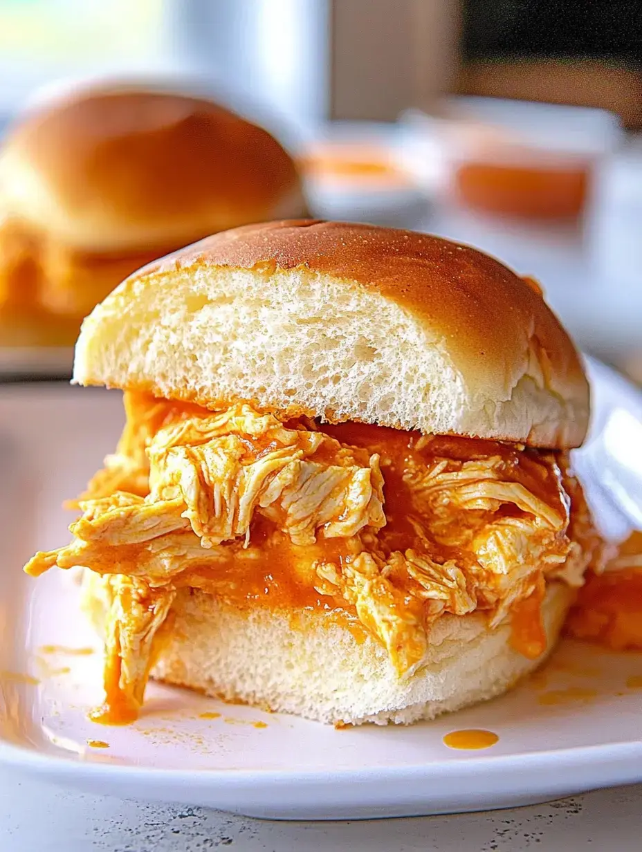 Gezupftes Hähnchen, glänzende Buffalo-Soße, Brötchen und etwas Füllung – ganz nah fotografiert.