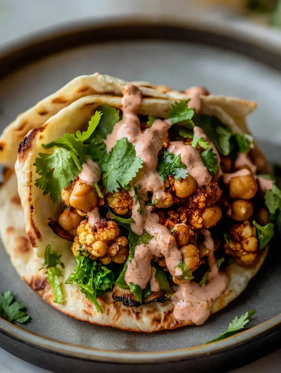 Nahaufnahme eines vegetarischen Tacos, gefüllt mit gebackenem Blumenkohl, Kichererbsen und frischem Koriander, getoppt mit rosa Soße und serviert auf geröstetem Fladenbrot.