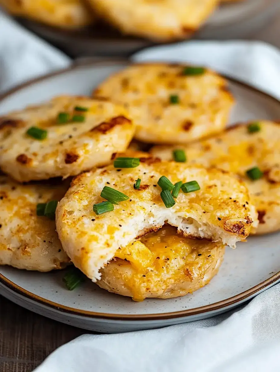 Goldene, käsige Brötchen mit Frühlingszwiebeln, eines aufgebrochen mit schmelzendem Käse innen.