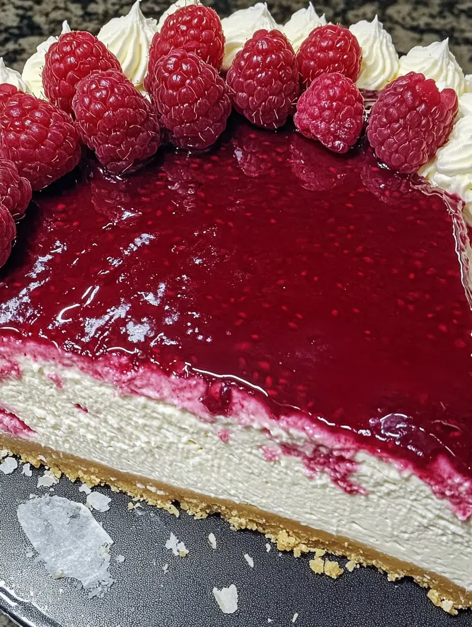 Ein angeschnittener Himbeer-Käsekuchen mit glänzender Glasur, knusprigem Boden, garniert mit Sahne und frischen Himbeeren.
