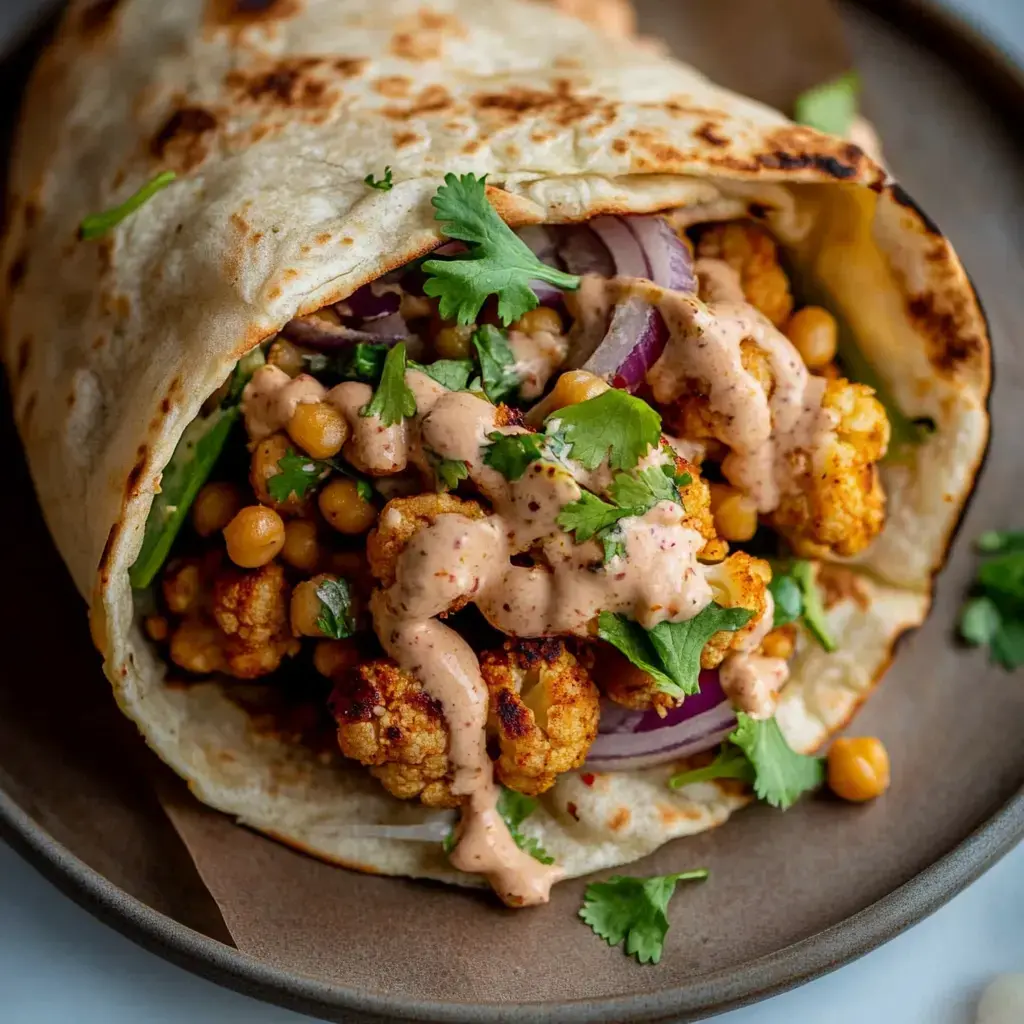 Nahaufnahme eines Tortilla-Wraps, gefüllt mit geröstetem Blumenkohl, Kichererbsen, roten Zwiebeln und Soße, garniert mit frischem Koriander.