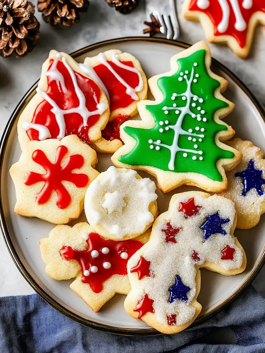 Ein Teller voller verzierter Weihnachtskekse in bunten Formen: Tannenbaum, Schneeflocken, Zuckerstangen – alles mit farbigem Zuckerguss und Streuseln verziert.