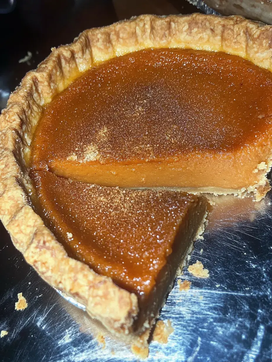 Ein Stück Kürbistorte wird aus der ganzen Torte herausgehoben – man sieht die feine, cremige Füllung und die goldene Kruste.