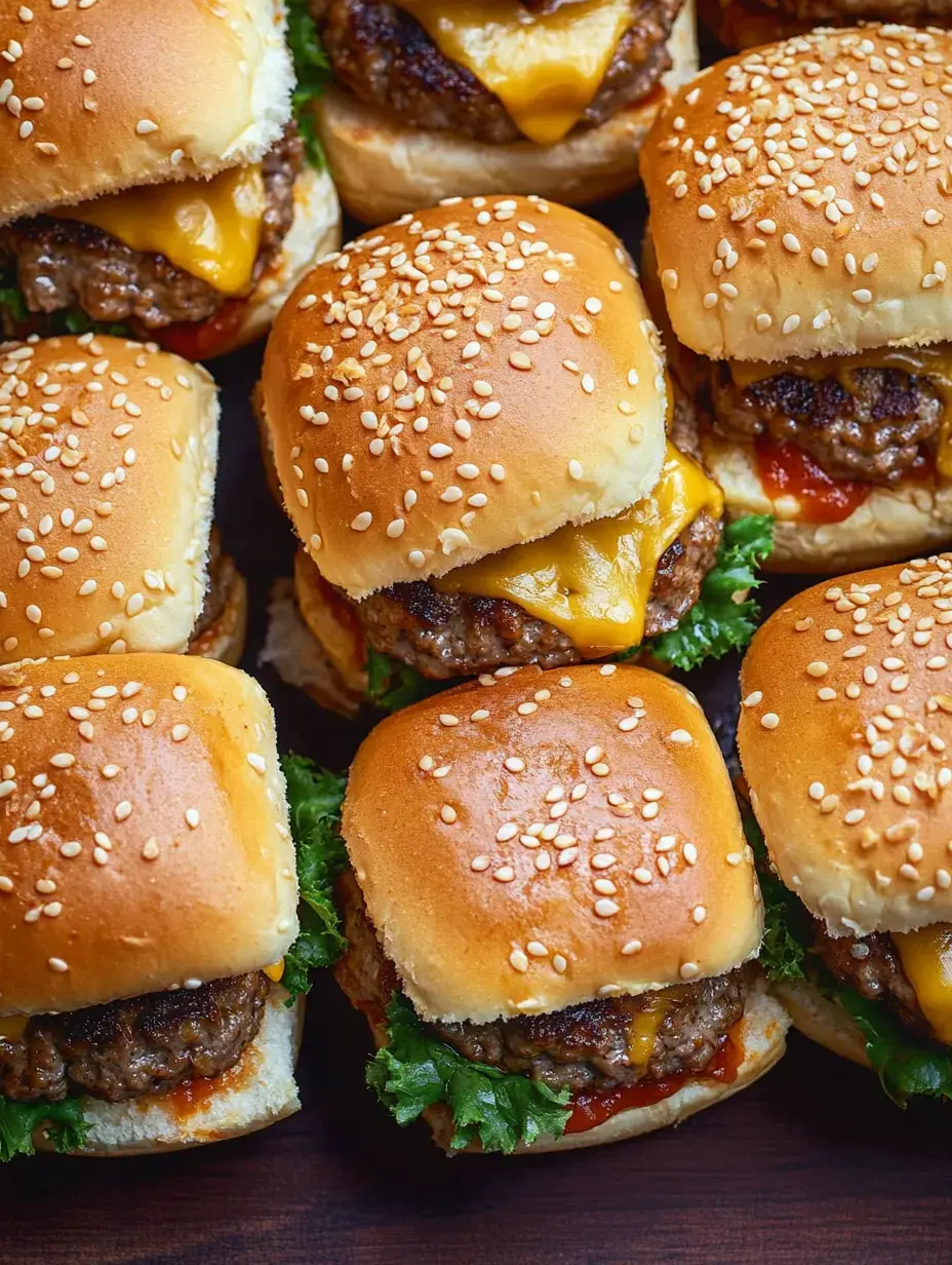 Man sieht von Nahem mehrere Mini-Burger mit Sesam-Brötchen, Salat und Ketchup auf einem Holzbrett.
