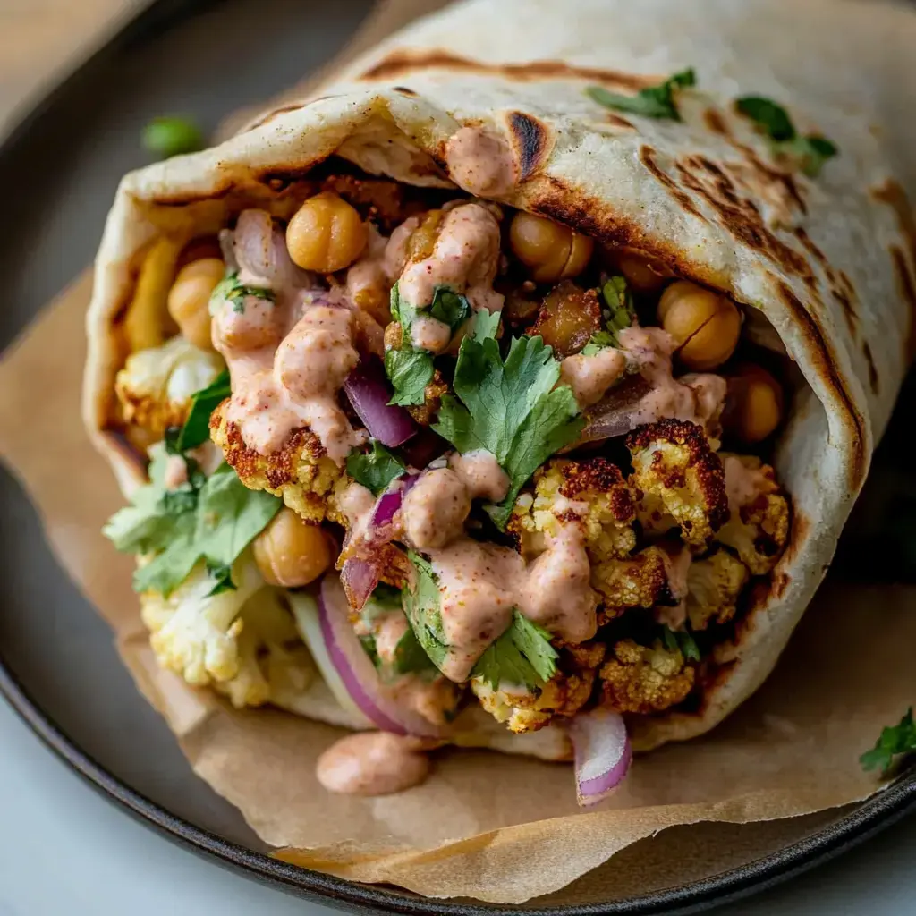 Nahaufnahme eines leckeren Wraps mit geröstetem Blumenkohl, Kichererbsen, roten Zwiebeln, cremiger Soße und frischem Koriander obendrauf.