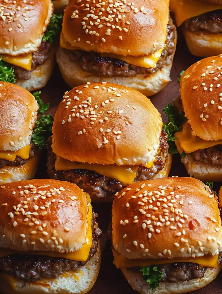 Mehrere Mini-Burger mit Sesam und Salat, Käse schmilzt dazwischen.