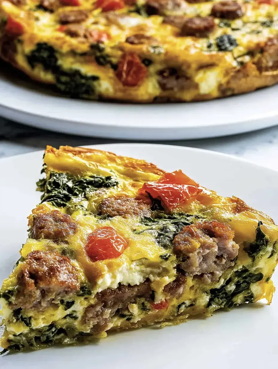 Ein Stück Ei-Pfanne mit Bratwurst, Spinat und Tomaten auf einem weißen Teller, hinten der Rest der Frittata.