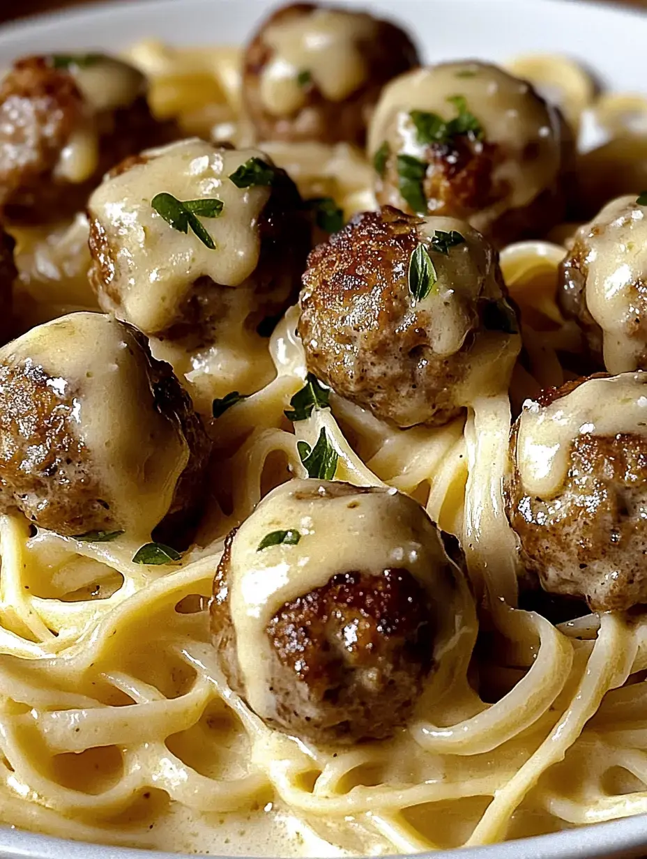 Spaghetti mit Fleischbällchen und cremiger Sauce, bestreut mit frischen Kräutern – Nahaufnahme.