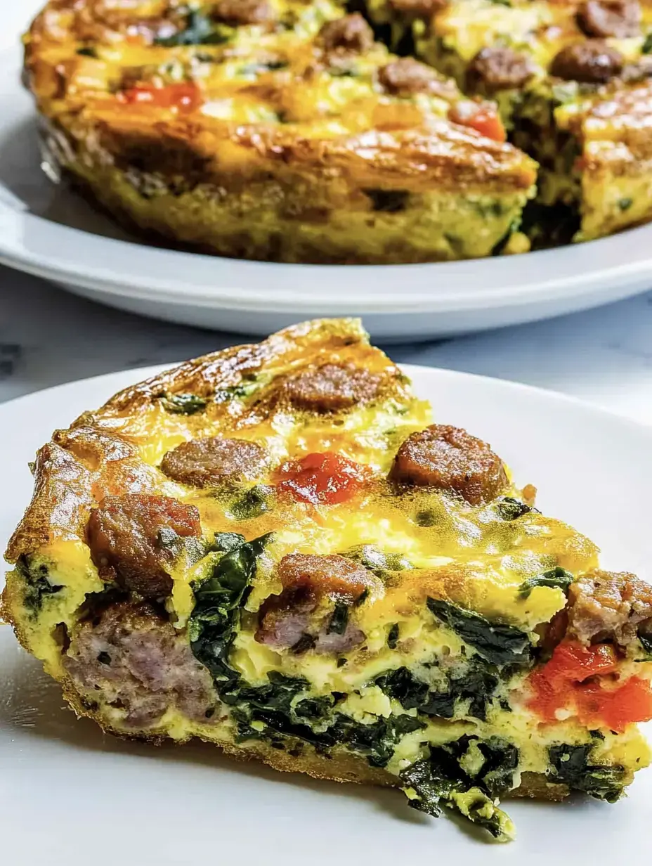 Ein Stück Ei-Pfanne mit Wurst, Spinat und Tomaten auf weißem Teller, dahinter der Rest des Gerichts.