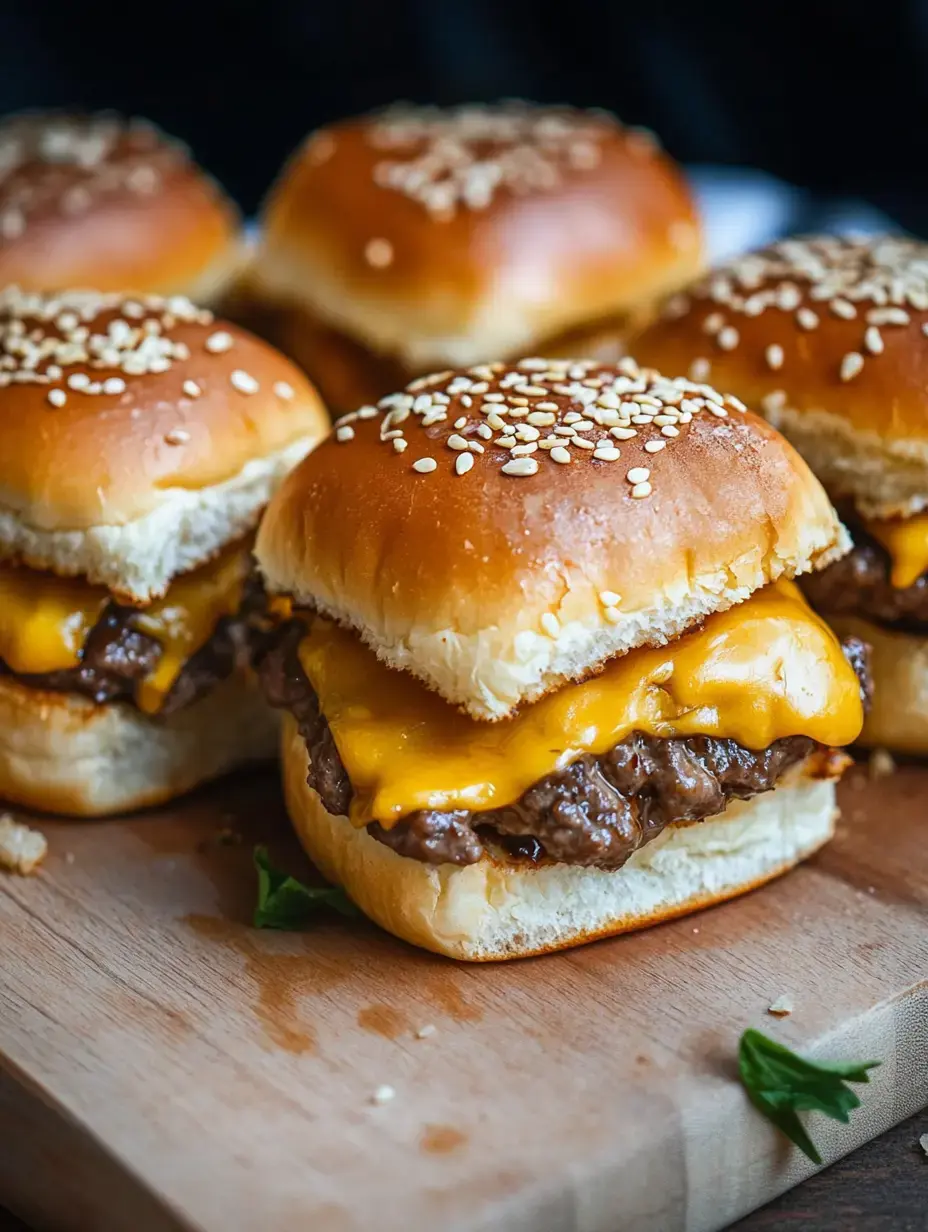 Viele Mini-Burger mit Sesambrötchen liegen dicht an dicht auf einem Holzbrett.