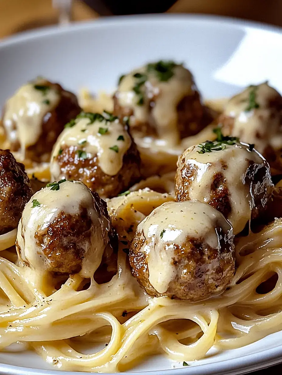 Teller mit Spaghetti, Fleischbällchen, cremiger Käsesauce und Petersilie.