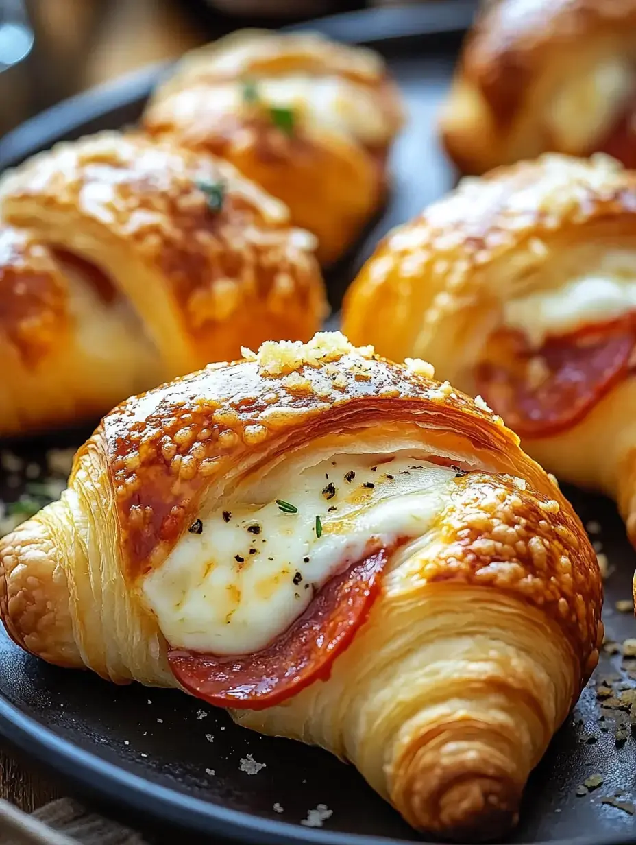 Nahaufnahme von goldbraunen Blätterteigrollen mit Käse und Pepperoni, bestreut mit Kräutern auf einem schwarzen Teller.
