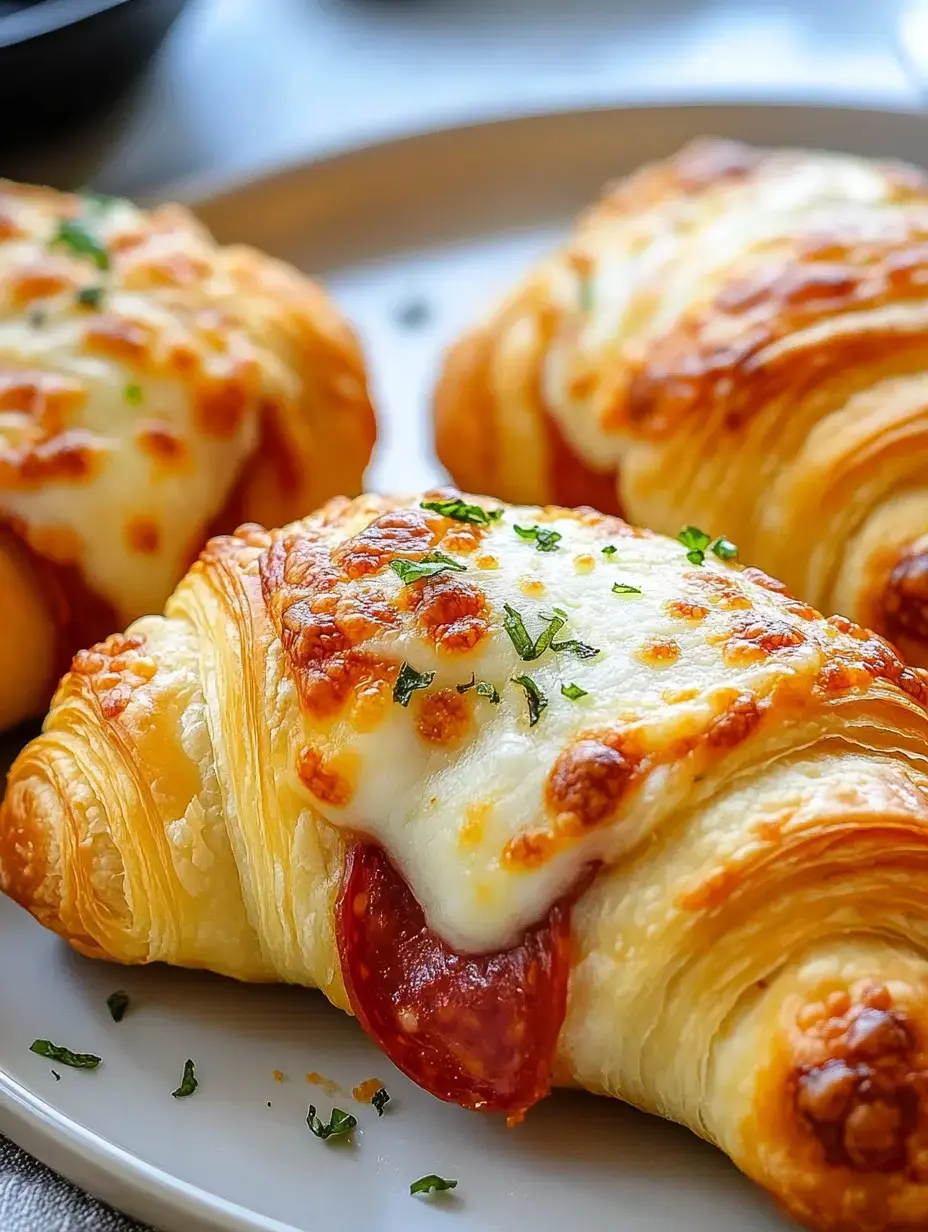 Knusprige Blätterteigrollen, überbacken mit Käse, belegt mit Pepperoni und frischen Kräutern auf einem weißen Teller.