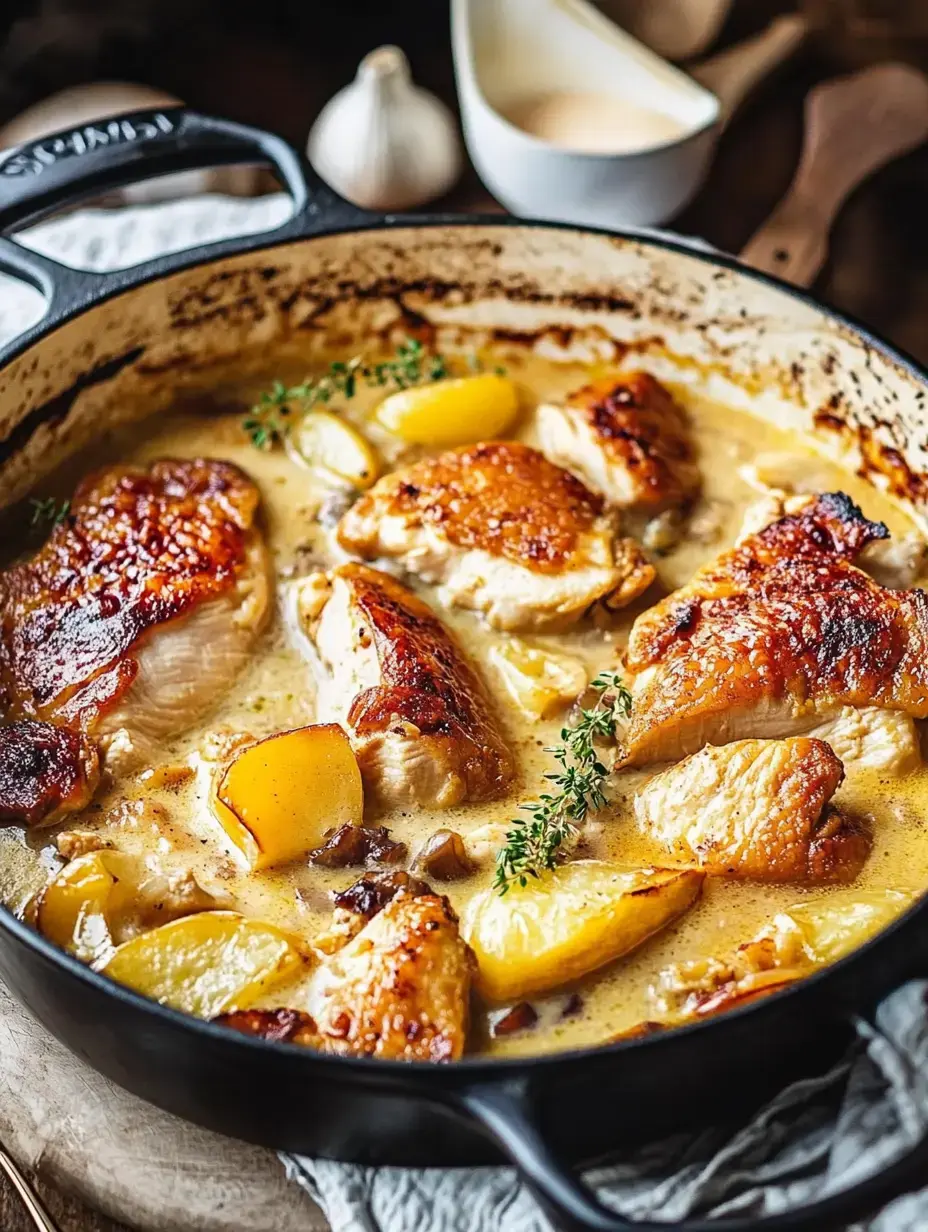 Eine Pfanne mit knusprigen Hühnchenteilen in cremiger Sauce, dazu Kartoffeln und frischer Thymian.