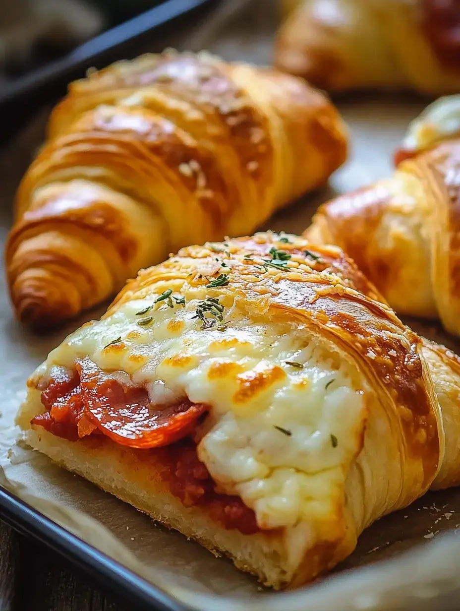 Goldene, knusprige Blätterteigrollen mit schmelzendem Käse und Pepperoni, garniert mit frischen Kräutern.