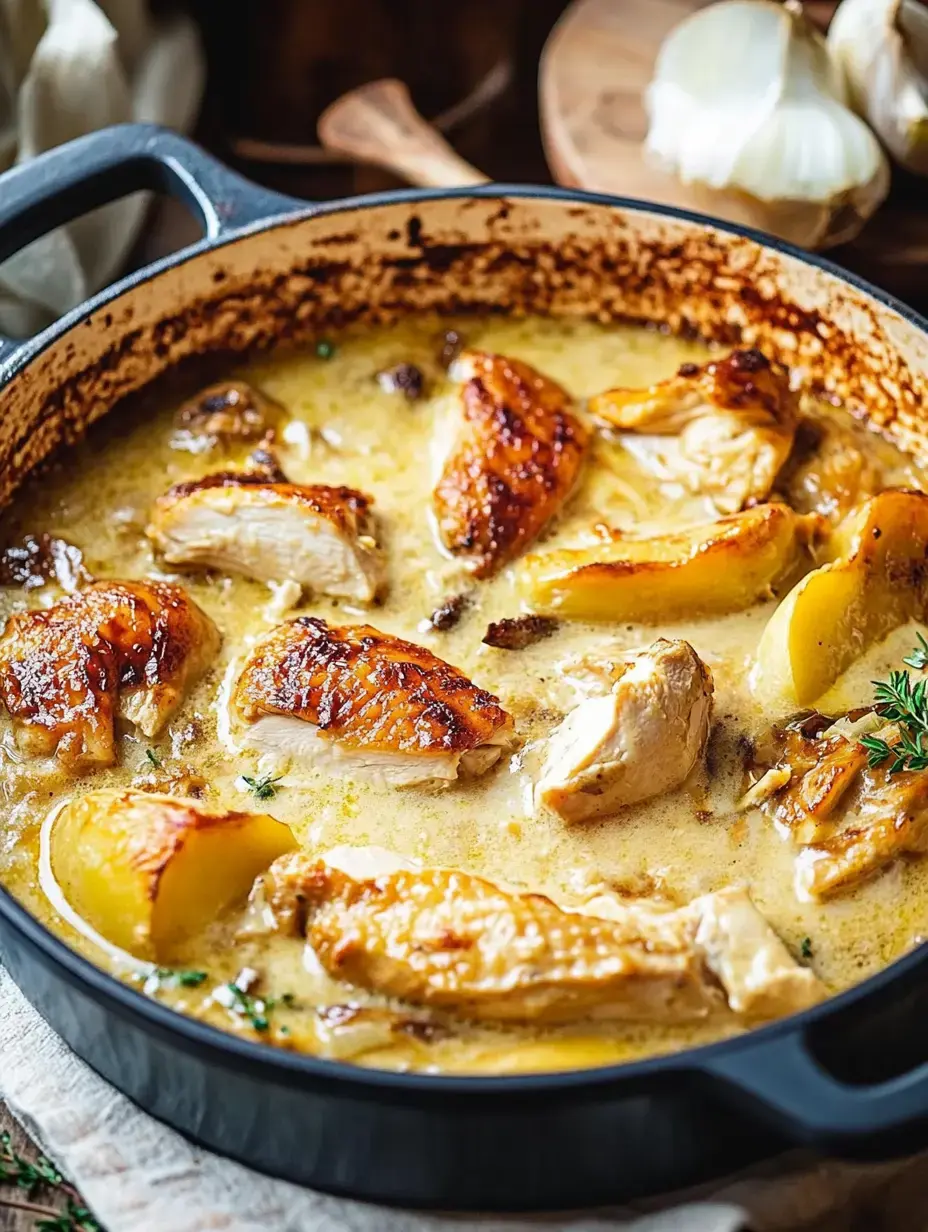 Nahaufnahme eines Topfes mit zarten, goldbraunen Hühnchenteilen in cremiger Sauce, mit Kartoffelscheiben und Kräutern.