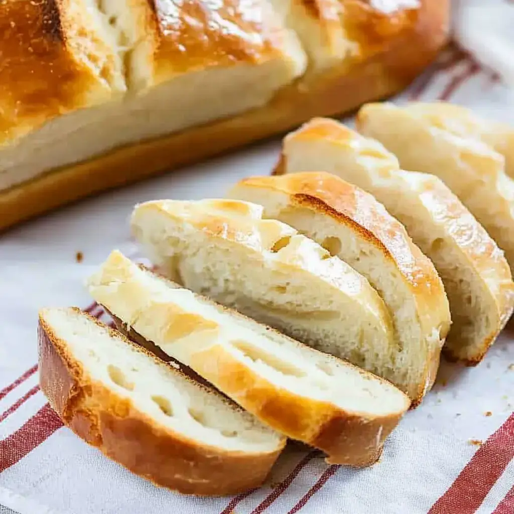 Ein frisch gebackenes Brot, in Scheiben geschnitten, liegt auf einem Tuch mit roten Streifen.